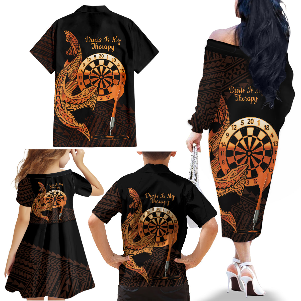 Aloha Hawaii Darts Family Matching Off The Shoulder Long Sleeve Dress and Hawaiian Shirt Dart Board With Polynesian Shark - Gold LT14 - Polynesian Pride