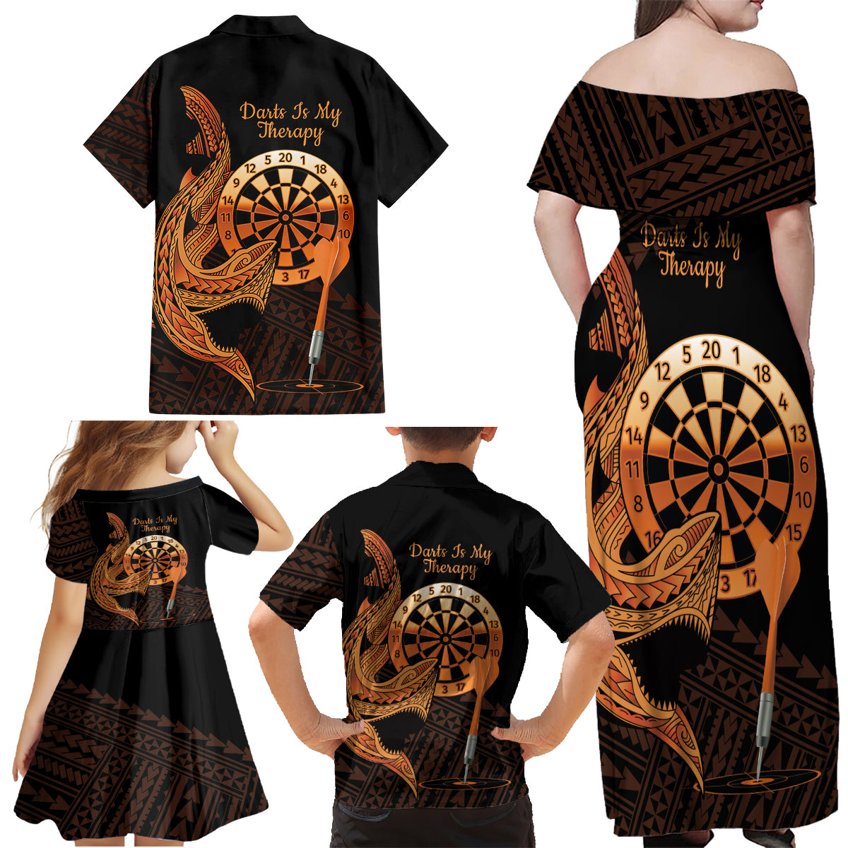 Aloha Hawaii Darts Family Matching Off Shoulder Maxi Dress and Hawaiian Shirt Dart Board With Polynesian Shark - Gold LT14 - Polynesian Pride