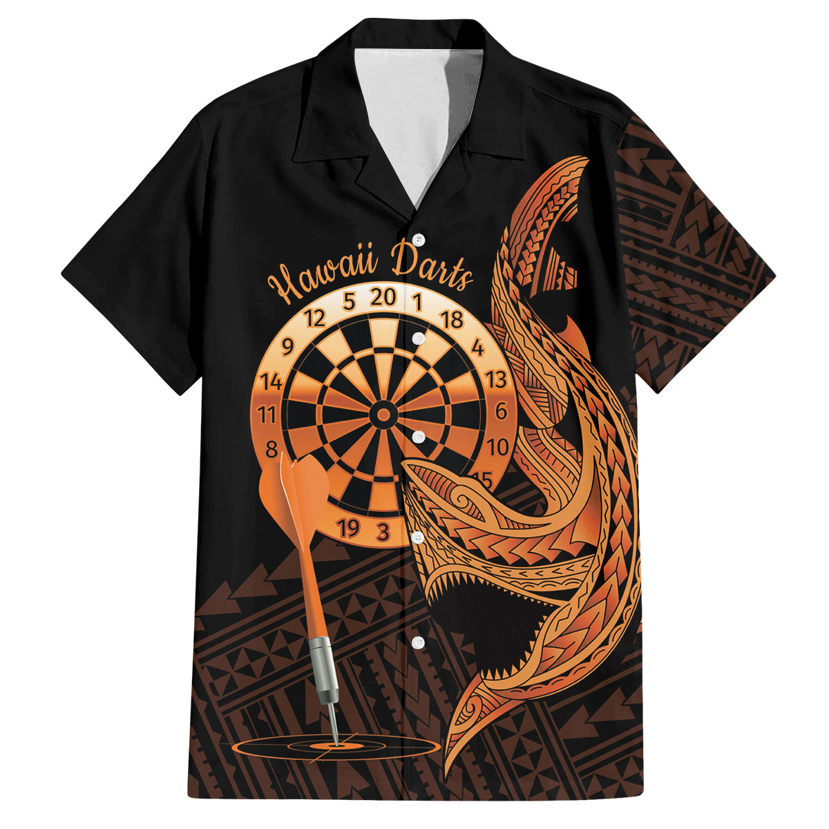 Aloha Hawaii Darts Family Matching Off Shoulder Maxi Dress and Hawaiian Shirt Dart Board With Polynesian Shark - Gold LT14 Dad's Shirt - Short Sleeve Gold - Polynesian Pride