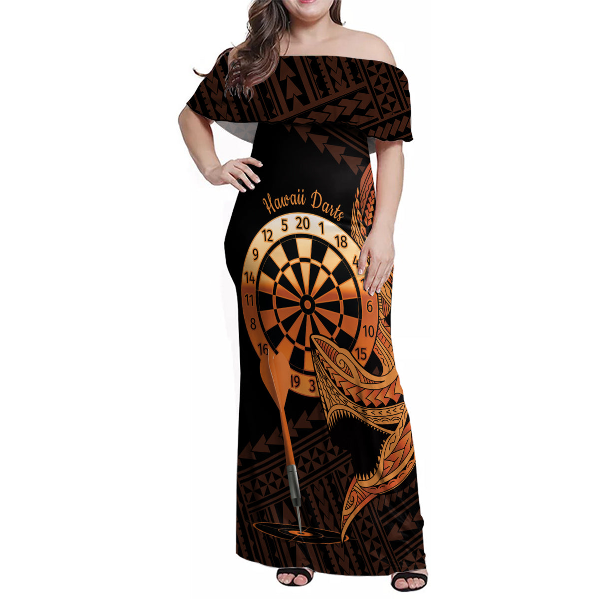 Aloha Hawaii Darts Family Matching Off Shoulder Maxi Dress and Hawaiian Shirt Dart Board With Polynesian Shark - Gold LT14 Mom's Dress Gold - Polynesian Pride