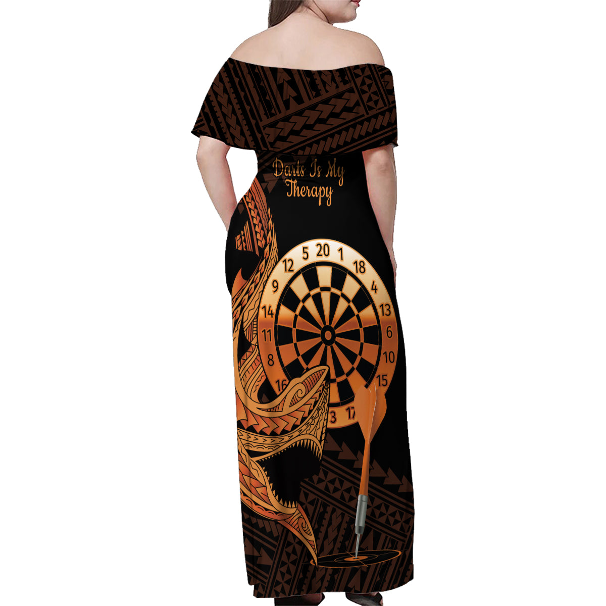 Aloha Hawaii Darts Family Matching Off Shoulder Maxi Dress and Hawaiian Shirt Dart Board With Polynesian Shark - Gold LT14 - Polynesian Pride