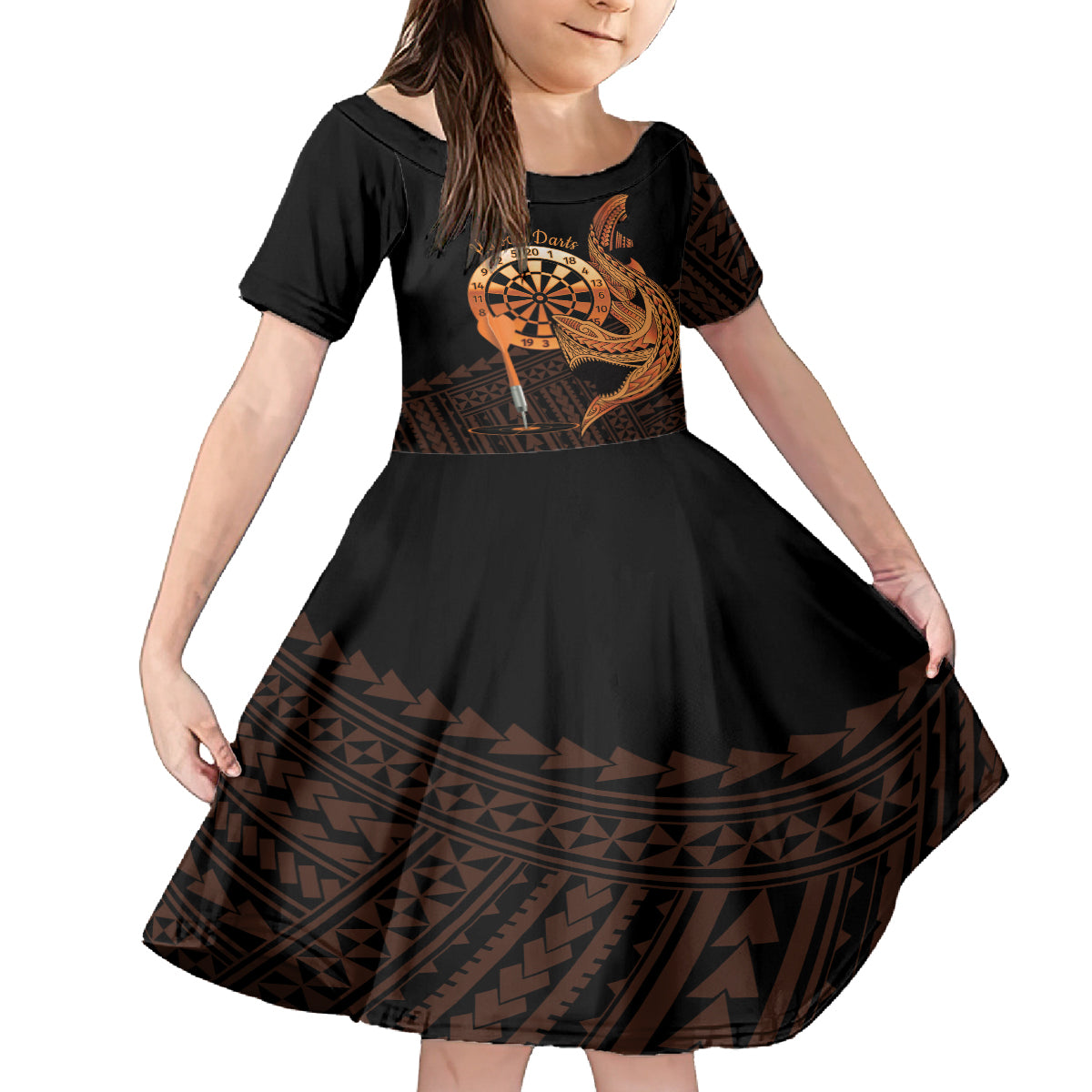 Aloha Hawaii Darts Family Matching Off Shoulder Short Dress and Hawaiian Shirt Dart Board With Polynesian Shark - Gold LT14 Daughter's Dress Gold - Polynesian Pride