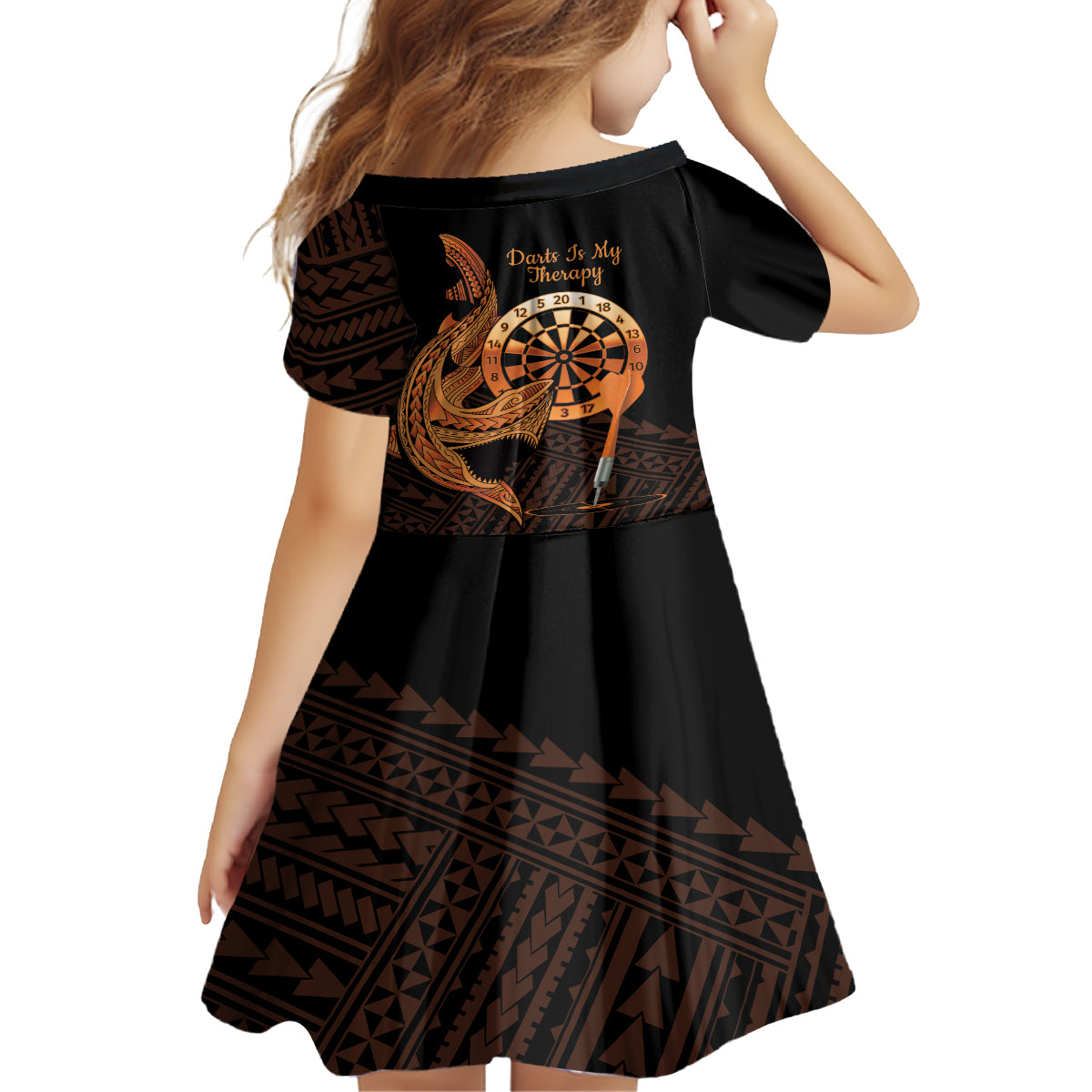 Aloha Hawaii Darts Family Matching Off Shoulder Short Dress and Hawaiian Shirt Dart Board With Polynesian Shark - Gold LT14 - Polynesian Pride