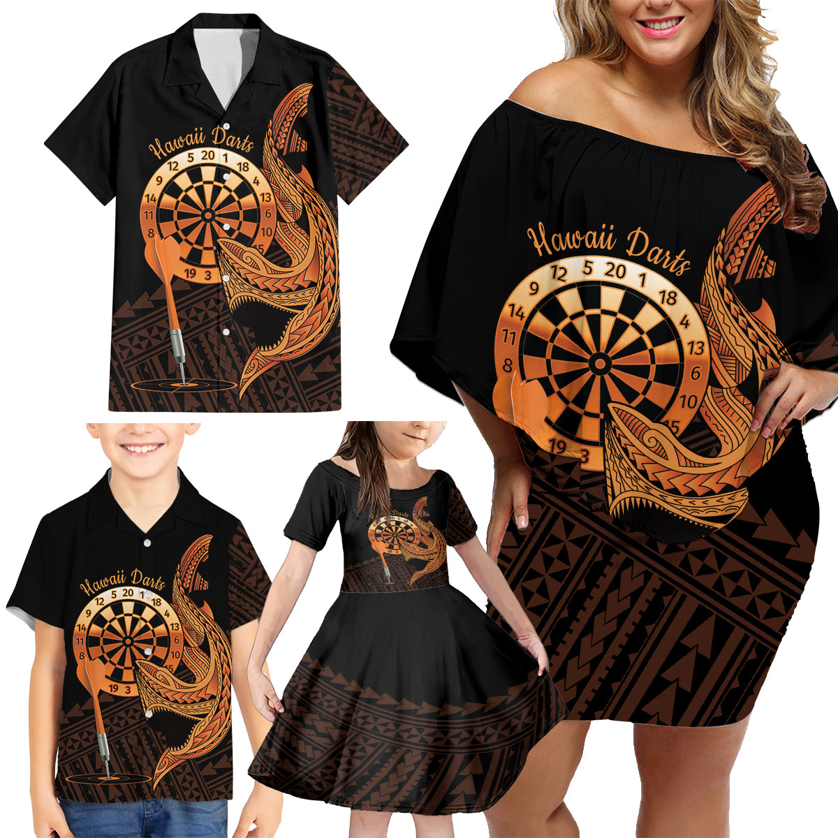 Aloha Hawaii Darts Family Matching Off Shoulder Short Dress and Hawaiian Shirt Dart Board With Polynesian Shark - Gold LT14 - Polynesian Pride