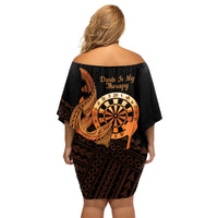 Aloha Hawaii Darts Family Matching Off Shoulder Short Dress and Hawaiian Shirt Dart Board With Polynesian Shark - Gold LT14 - Polynesian Pride