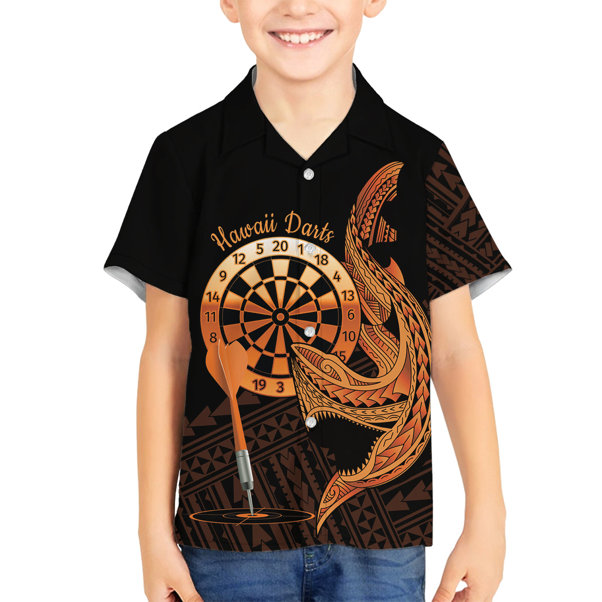 Aloha Hawaii Darts Family Matching Off Shoulder Short Dress and Hawaiian Shirt Dart Board With Polynesian Shark - Gold LT14 Son's Shirt Gold - Polynesian Pride