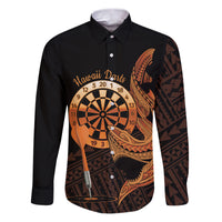 Aloha Hawaii Darts Family Matching Puletasi and Hawaiian Shirt Dart Board With Polynesian Shark - Gold LT14 Dad's Shirt - Long Sleeve Gold - Polynesian Pride