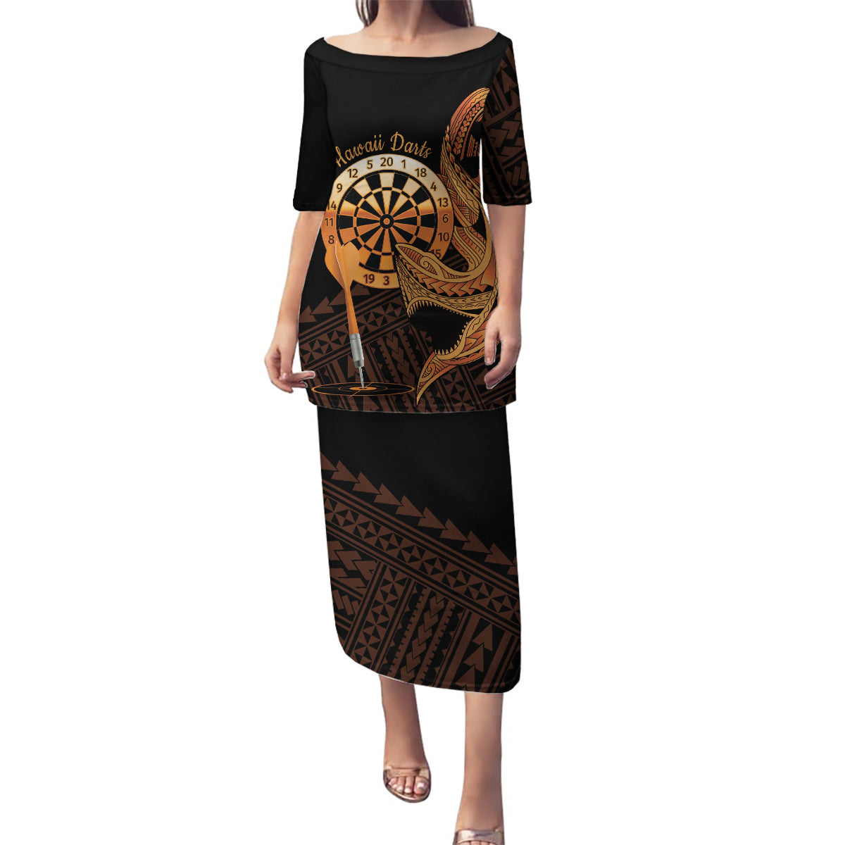 Aloha Hawaii Darts Family Matching Puletasi and Hawaiian Shirt Dart Board With Polynesian Shark - Gold LT14 Mom's Dress Gold - Polynesian Pride