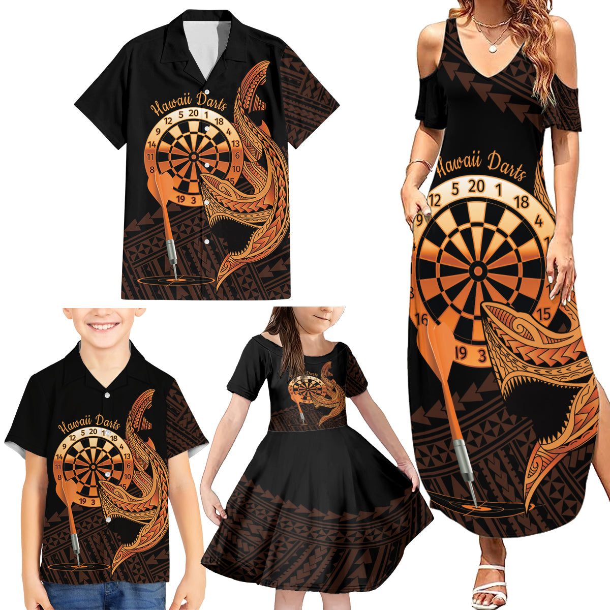 Aloha Hawaii Darts Family Matching Summer Maxi Dress and Hawaiian Shirt Dart Board With Polynesian Shark - Gold LT14 - Polynesian Pride