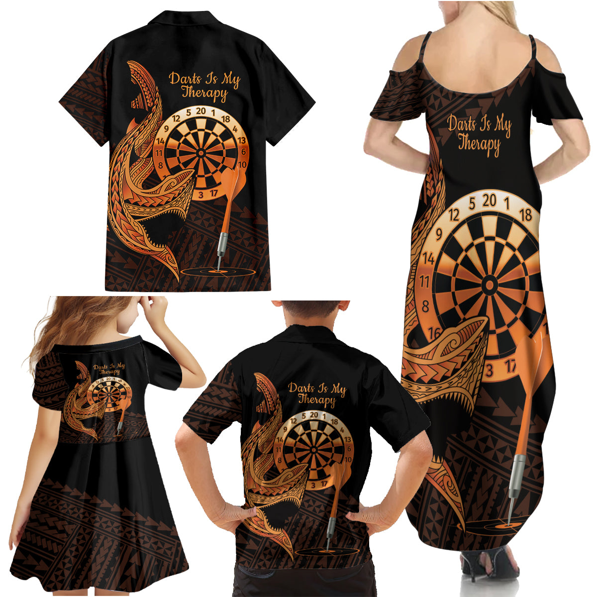Aloha Hawaii Darts Family Matching Summer Maxi Dress and Hawaiian Shirt Dart Board With Polynesian Shark - Gold LT14 - Polynesian Pride