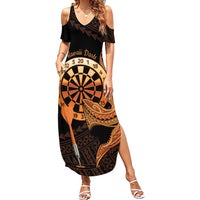 Aloha Hawaii Darts Family Matching Summer Maxi Dress and Hawaiian Shirt Dart Board With Polynesian Shark - Gold LT14 Mom's Dress Gold - Polynesian Pride