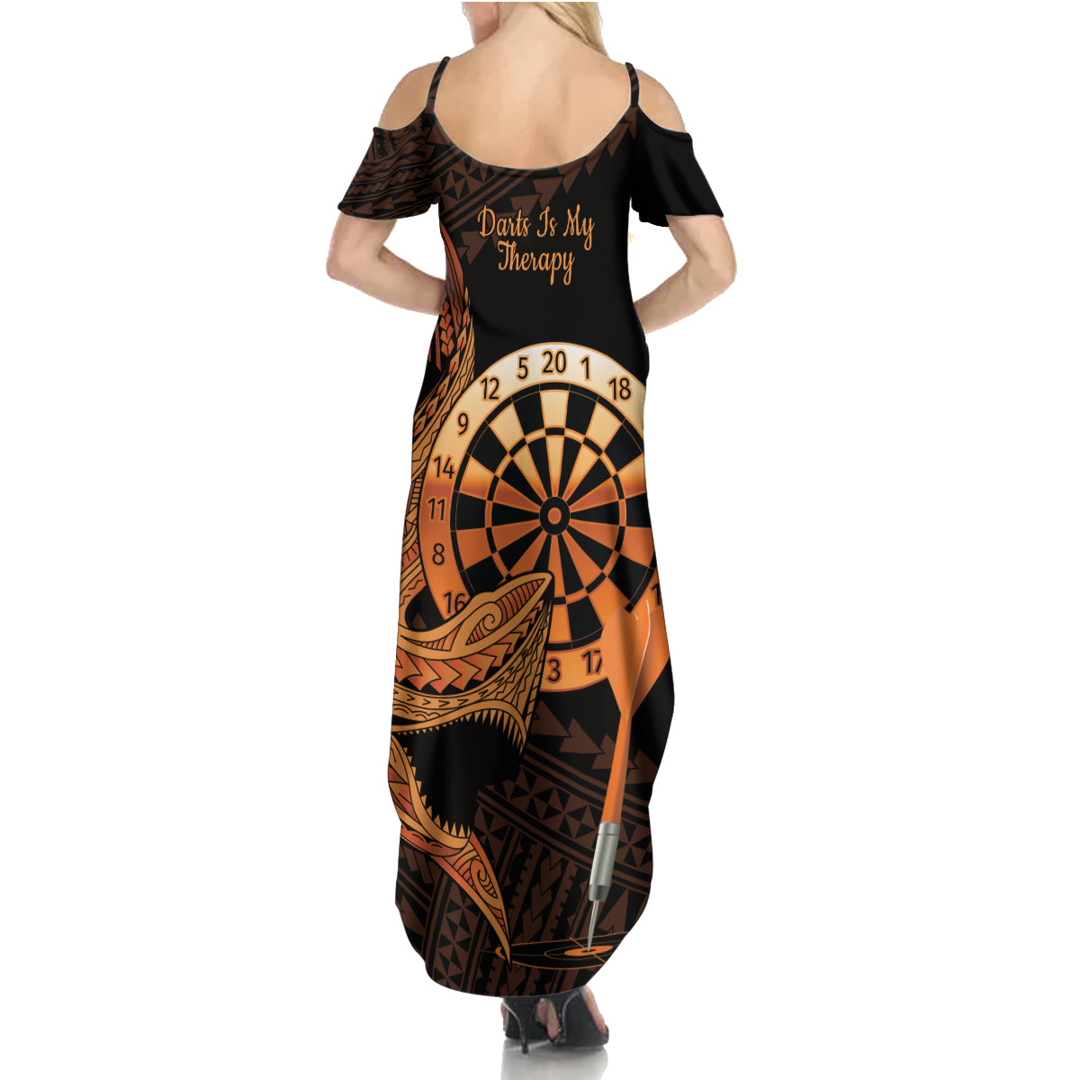 Aloha Hawaii Darts Family Matching Summer Maxi Dress and Hawaiian Shirt Dart Board With Polynesian Shark - Gold LT14 - Polynesian Pride