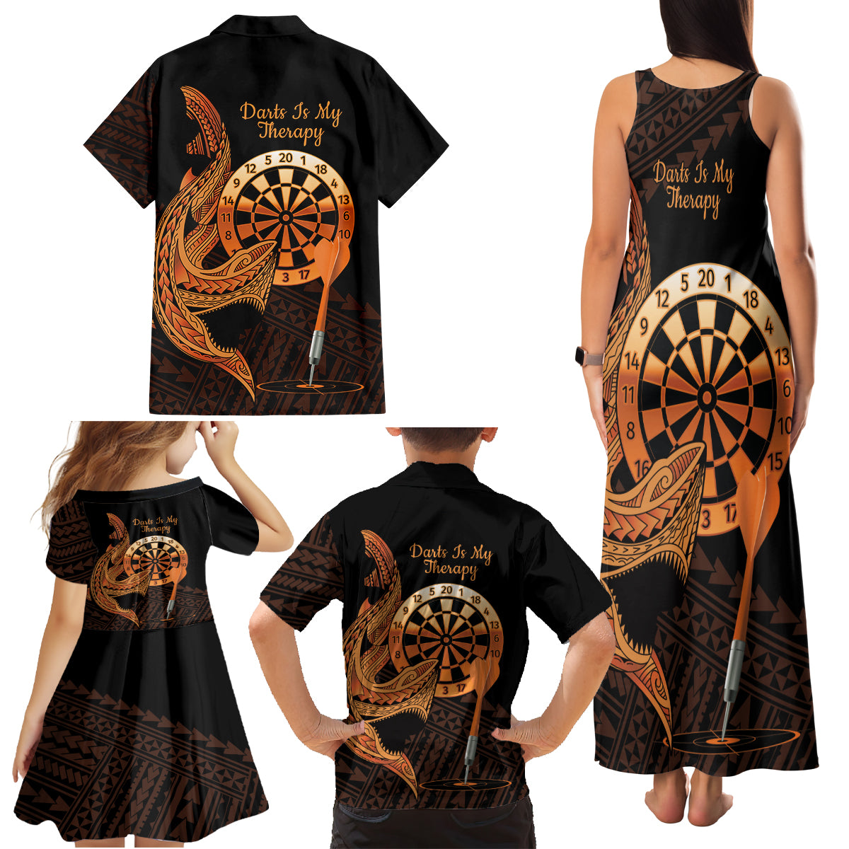 Aloha Hawaii Darts Family Matching Tank Maxi Dress and Hawaiian Shirt Dart Board With Polynesian Shark - Gold LT14 - Polynesian Pride