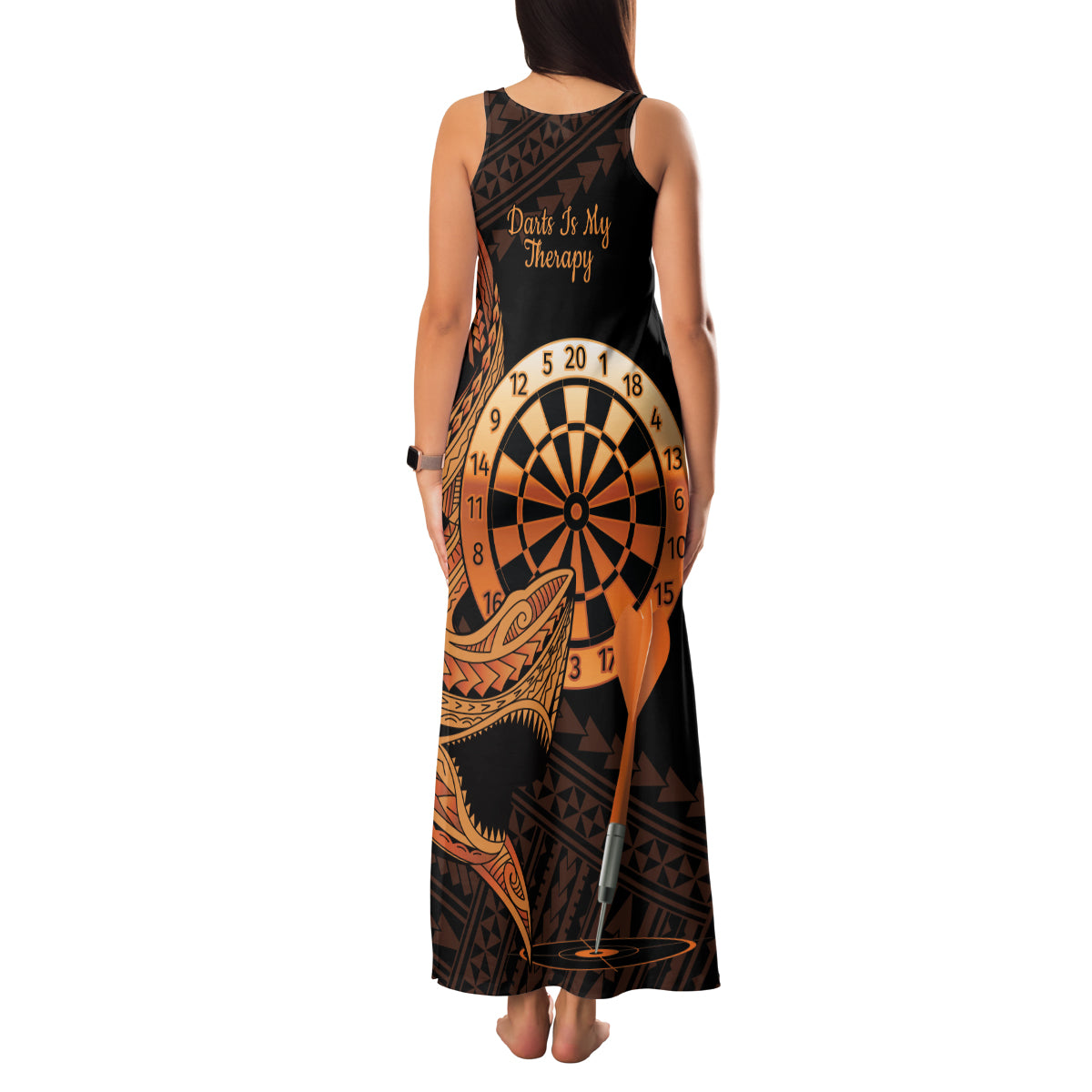 Aloha Hawaii Darts Family Matching Tank Maxi Dress and Hawaiian Shirt Dart Board With Polynesian Shark - Gold LT14 - Polynesian Pride