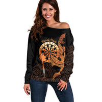 Aloha Hawaii Darts Off Shoulder Sweater Dart Board With Polynesian Shark - Gold LT14 Women Gold - Polynesian Pride