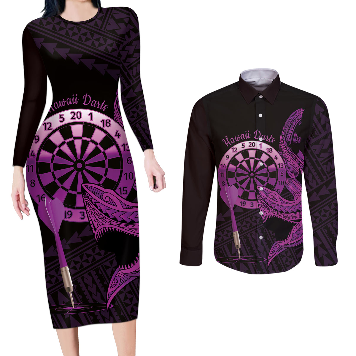 Aloha Hawaii Darts Couples Matching Long Sleeve Bodycon Dress and Long Sleeve Button Shirt Dart Board With Polynesian Shark - Purple LT14 Purple - Polynesian Pride