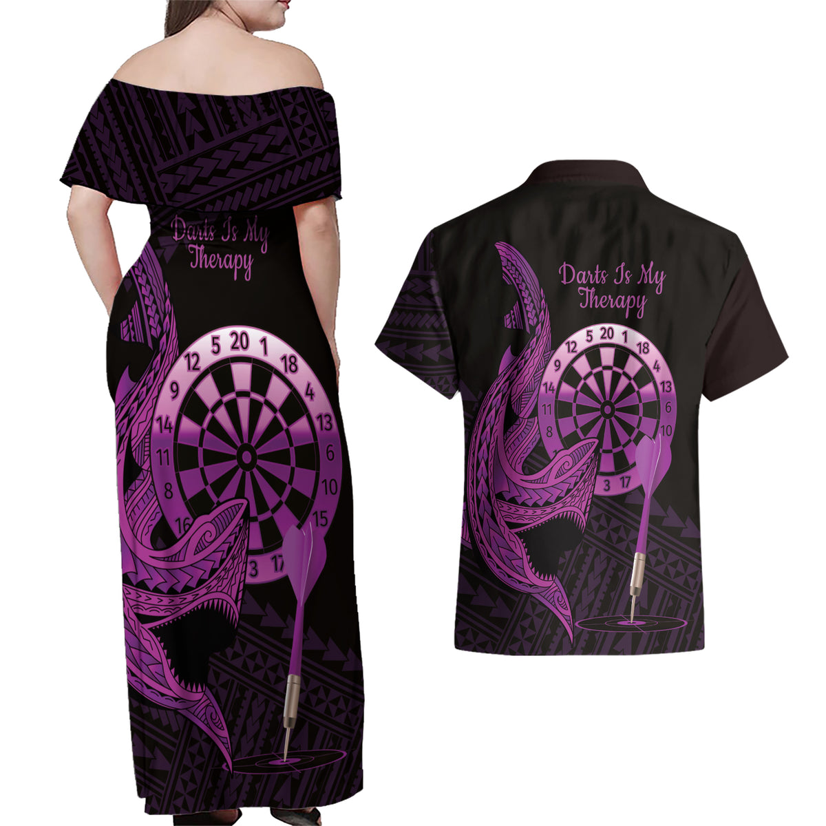Aloha Hawaii Darts Couples Matching Off Shoulder Maxi Dress and Hawaiian Shirt Dart Board With Polynesian Shark - Purple LT14 - Polynesian Pride