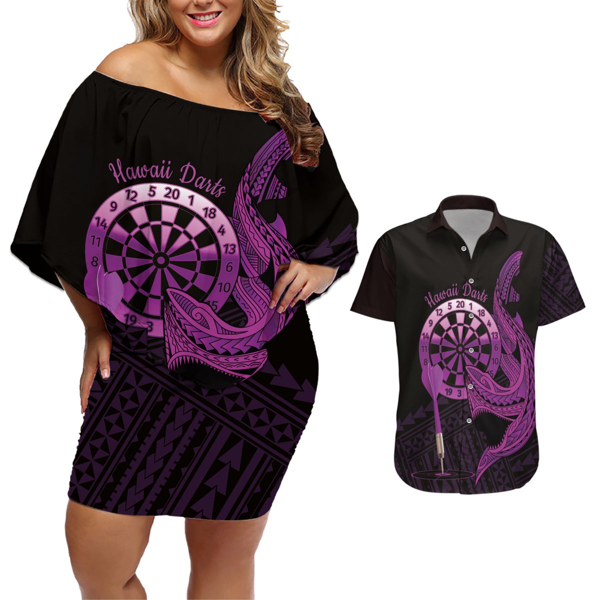 Aloha Hawaii Darts Couples Matching Off Shoulder Short Dress and Hawaiian Shirt Dart Board With Polynesian Shark - Purple LT14 Purple - Polynesian Pride