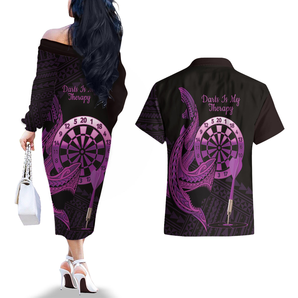 Aloha Hawaii Darts Couples Matching Off The Shoulder Long Sleeve Dress and Hawaiian Shirt Dart Board With Polynesian Shark - Purple LT14 - Polynesian Pride