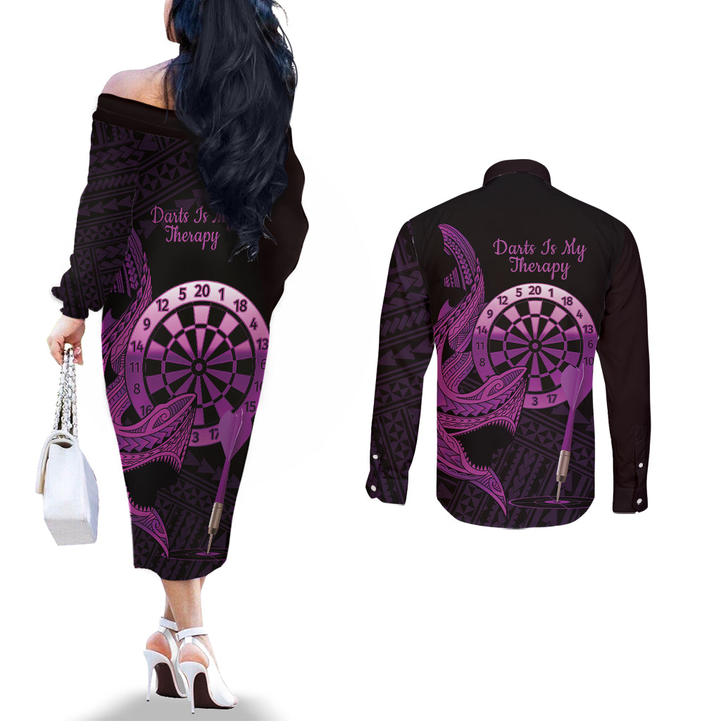 Aloha Hawaii Darts Couples Matching Off The Shoulder Long Sleeve Dress and Long Sleeve Button Shirt Dart Board With Polynesian Shark - Purple LT14 - Polynesian Pride