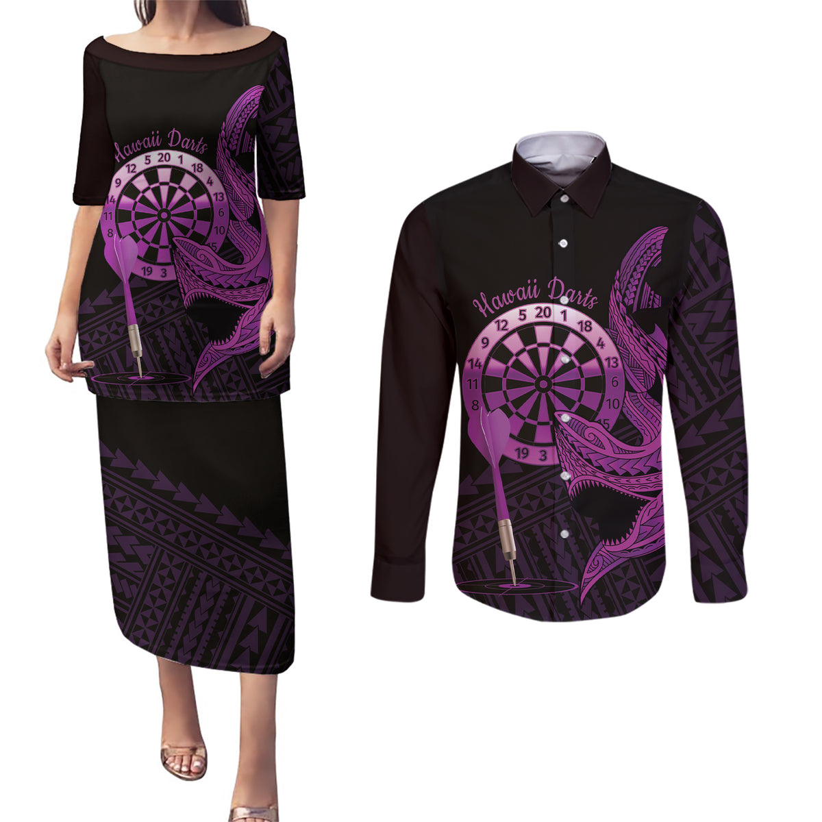 Aloha Hawaii Darts Couples Matching Puletasi and Long Sleeve Button Shirt Dart Board With Polynesian Shark - Purple