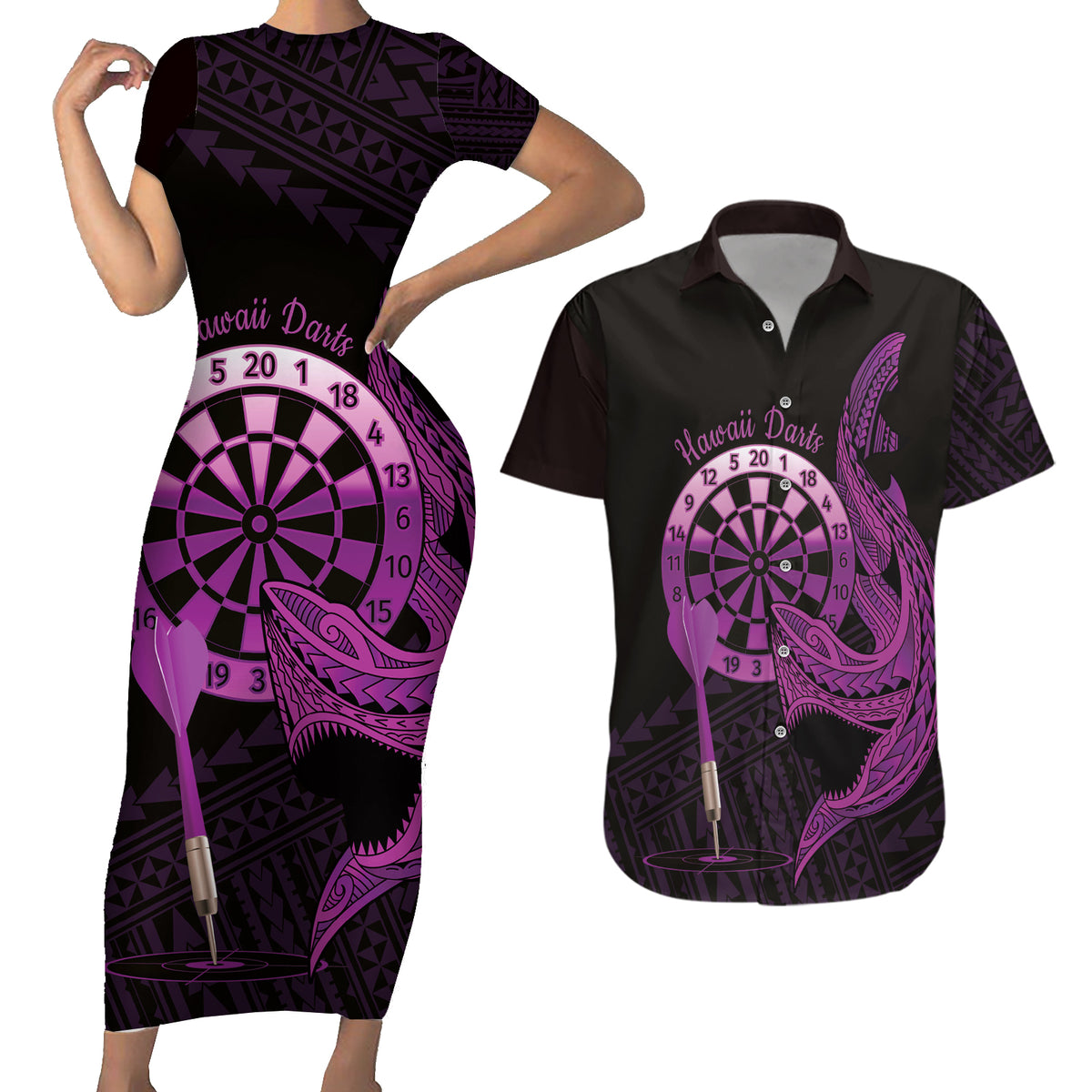 Aloha Hawaii Darts Couples Matching Short Sleeve Bodycon Dress and Hawaiian Shirt Dart Board With Polynesian Shark - Purple LT14 Purple - Polynesian Pride