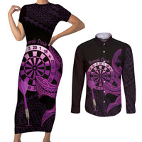 Aloha Hawaii Darts Couples Matching Short Sleeve Bodycon Dress and Long Sleeve Button Shirt Dart Board With Polynesian Shark - Purple LT14 Purple - Polynesian Pride