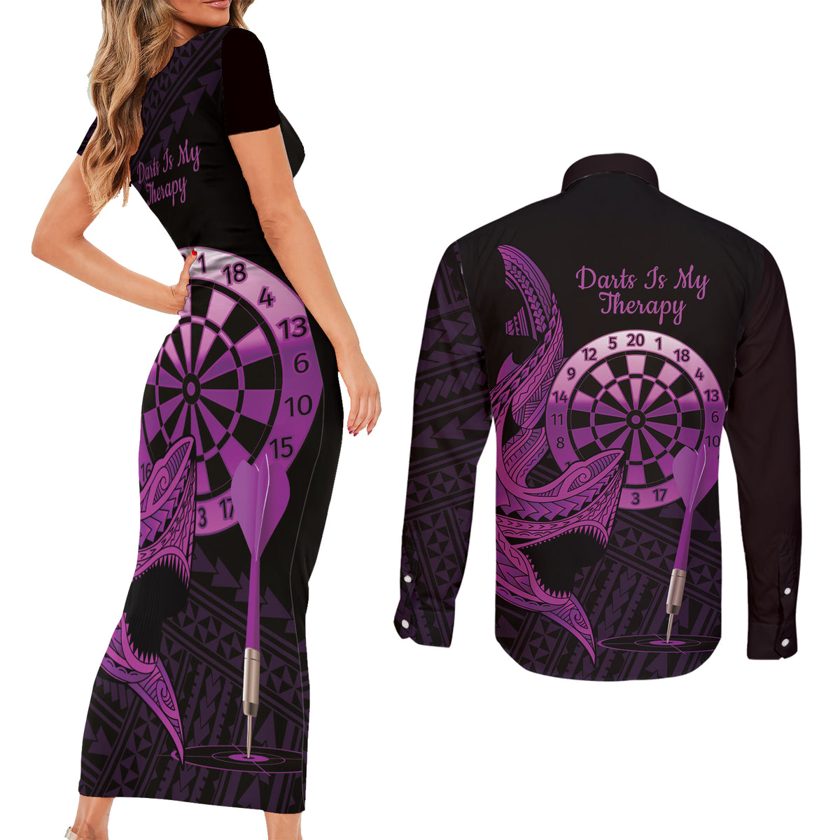 Aloha Hawaii Darts Couples Matching Short Sleeve Bodycon Dress and Long Sleeve Button Shirt Dart Board With Polynesian Shark - Purple LT14 - Polynesian Pride