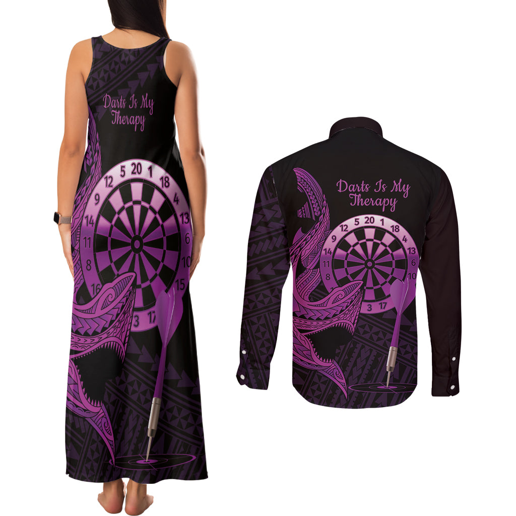 Aloha Hawaii Darts Couples Matching Tank Maxi Dress and Long Sleeve Button Shirt Dart Board With Polynesian Shark - Purple LT14 - Polynesian Pride
