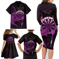 Aloha Hawaii Darts Family Matching Long Sleeve Bodycon Dress and Hawaiian Shirt Dart Board With Polynesian Shark - Purple LT14 - Polynesian Pride