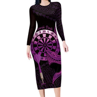 Aloha Hawaii Darts Family Matching Long Sleeve Bodycon Dress and Hawaiian Shirt Dart Board With Polynesian Shark - Purple LT14 Mom's Dress Purple - Polynesian Pride
