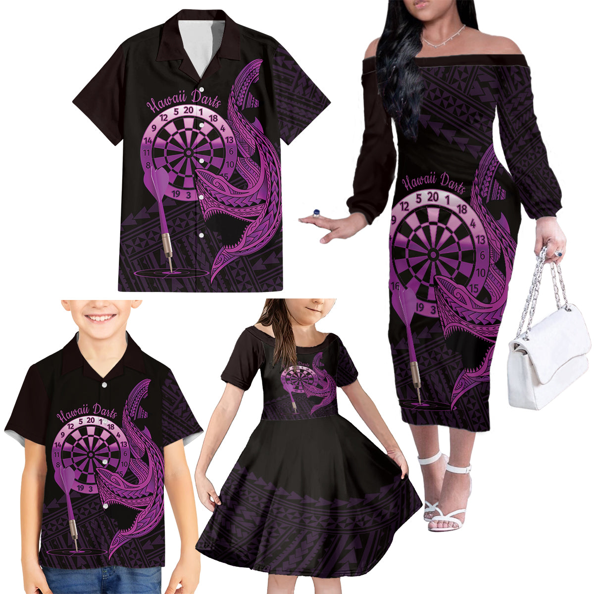 Aloha Hawaii Darts Family Matching Off The Shoulder Long Sleeve Dress and Hawaiian Shirt Dart Board With Polynesian Shark - Purple LT14 - Polynesian Pride
