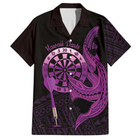 Aloha Hawaii Darts Family Matching Off The Shoulder Long Sleeve Dress and Hawaiian Shirt Dart Board With Polynesian Shark - Purple LT14 Dad's Shirt - Short Sleeve Purple - Polynesian Pride