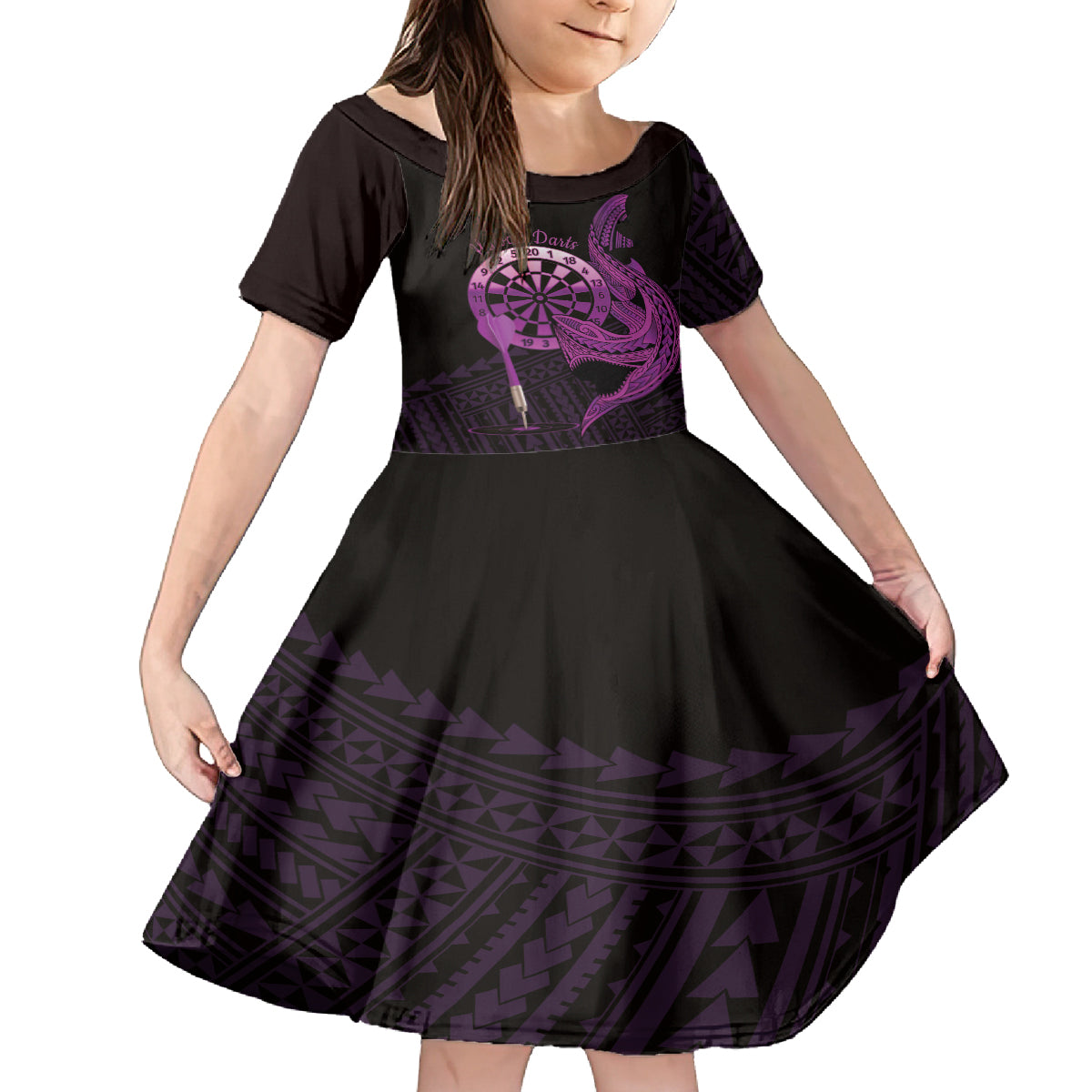 Aloha Hawaii Darts Family Matching Off Shoulder Maxi Dress and Hawaiian Shirt Dart Board With Polynesian Shark - Purple LT14 Daughter's Dress Purple - Polynesian Pride