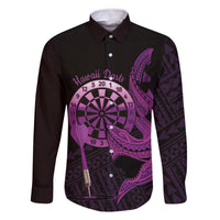 Aloha Hawaii Darts Family Matching Off Shoulder Maxi Dress and Hawaiian Shirt Dart Board With Polynesian Shark - Purple LT14 Dad's Shirt - Long Sleeve Purple - Polynesian Pride