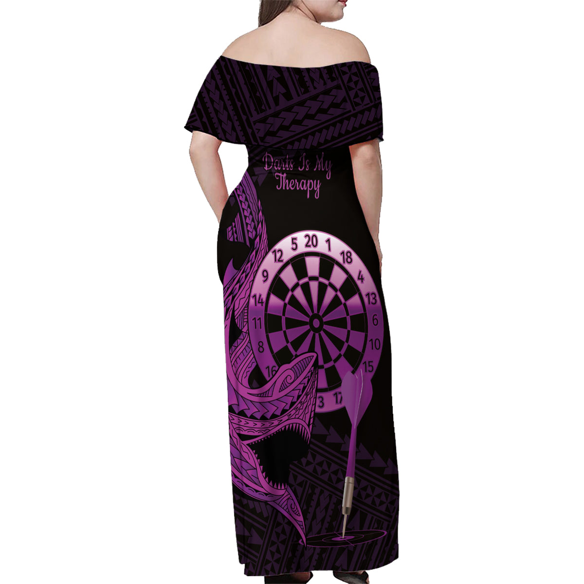 Aloha Hawaii Darts Family Matching Off Shoulder Maxi Dress and Hawaiian Shirt Dart Board With Polynesian Shark - Purple LT14 - Polynesian Pride