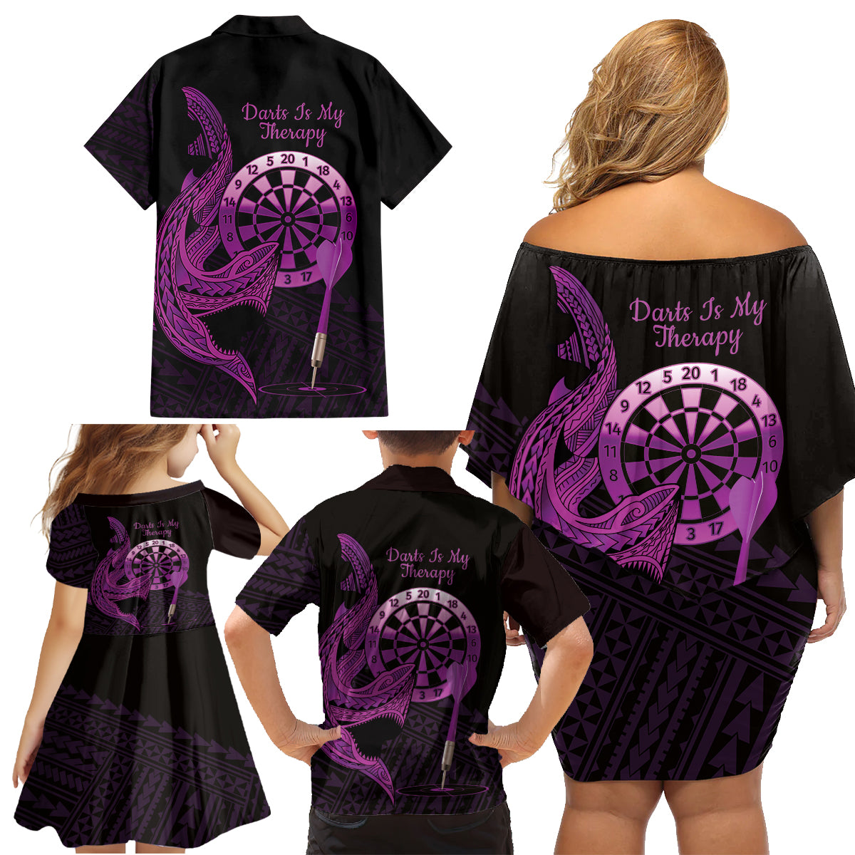Aloha Hawaii Darts Family Matching Off Shoulder Short Dress and Hawaiian Shirt Dart Board With Polynesian Shark - Purple LT14 - Polynesian Pride