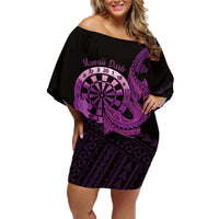Aloha Hawaii Darts Family Matching Off Shoulder Short Dress and Hawaiian Shirt Dart Board With Polynesian Shark - Purple LT14 Mom's Dress Purple - Polynesian Pride