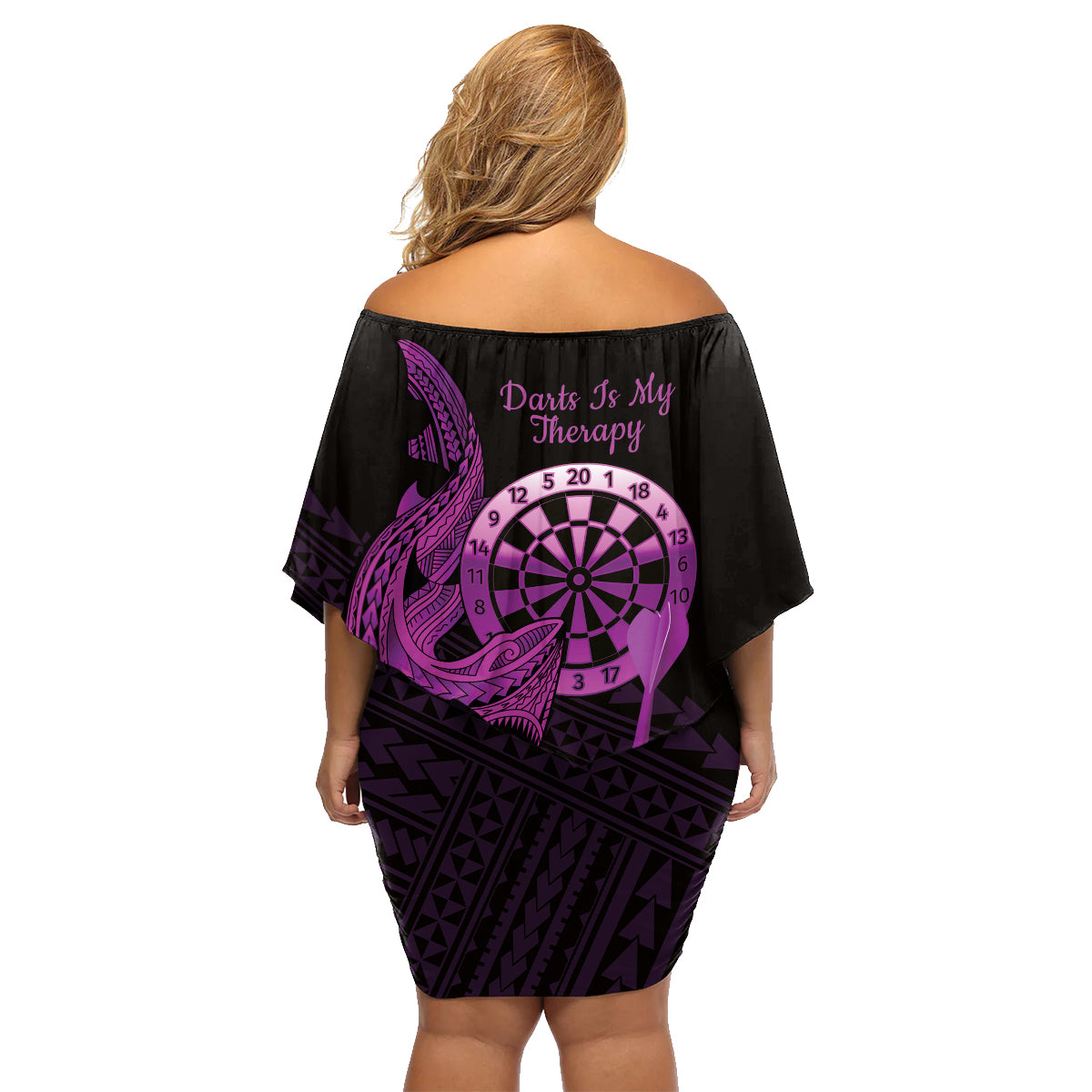 Aloha Hawaii Darts Family Matching Off Shoulder Short Dress and Hawaiian Shirt Dart Board With Polynesian Shark - Purple LT14 - Polynesian Pride