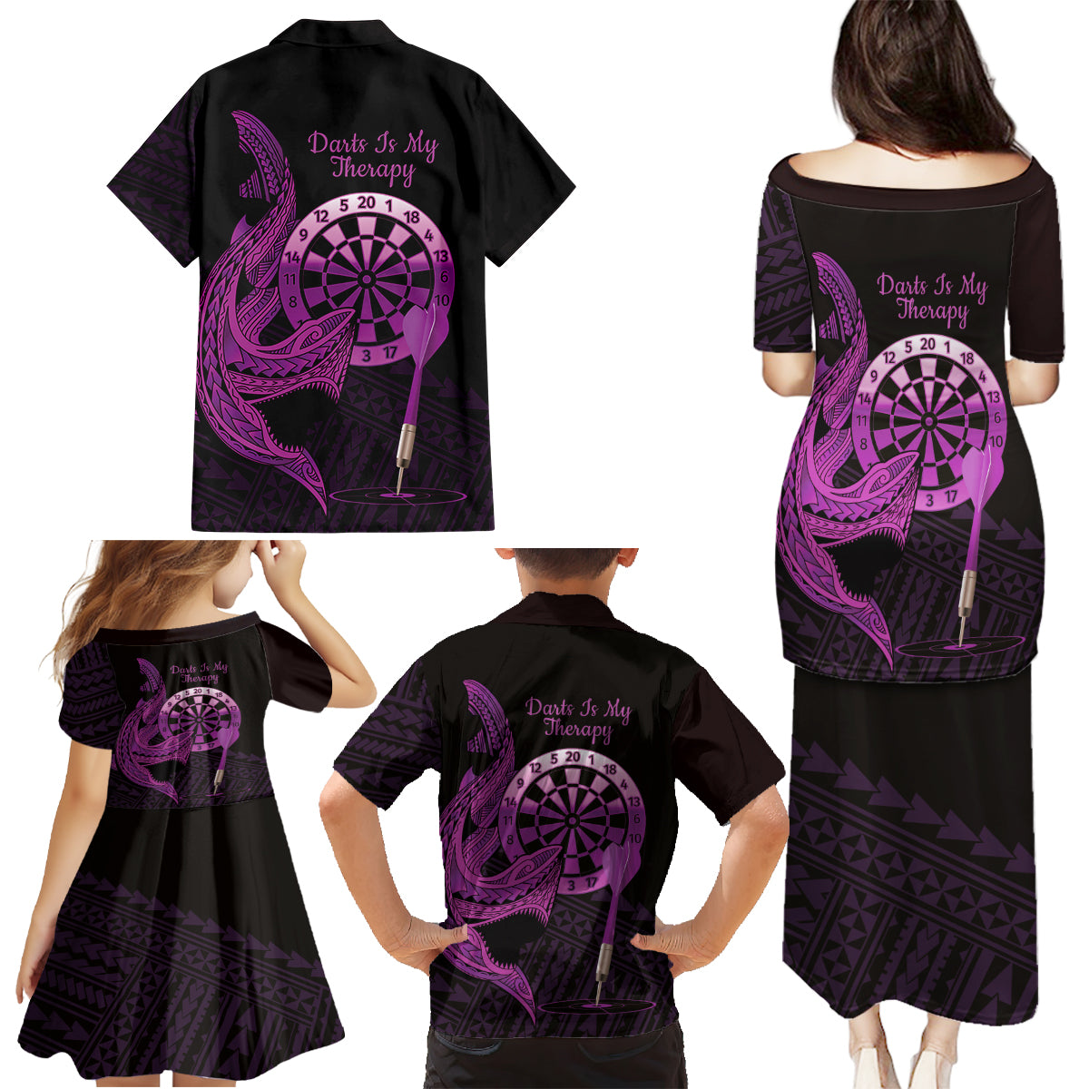 Aloha Hawaii Darts Family Matching Puletasi and Hawaiian Shirt Dart Board With Polynesian Shark - Purple LT14 - Polynesian Pride