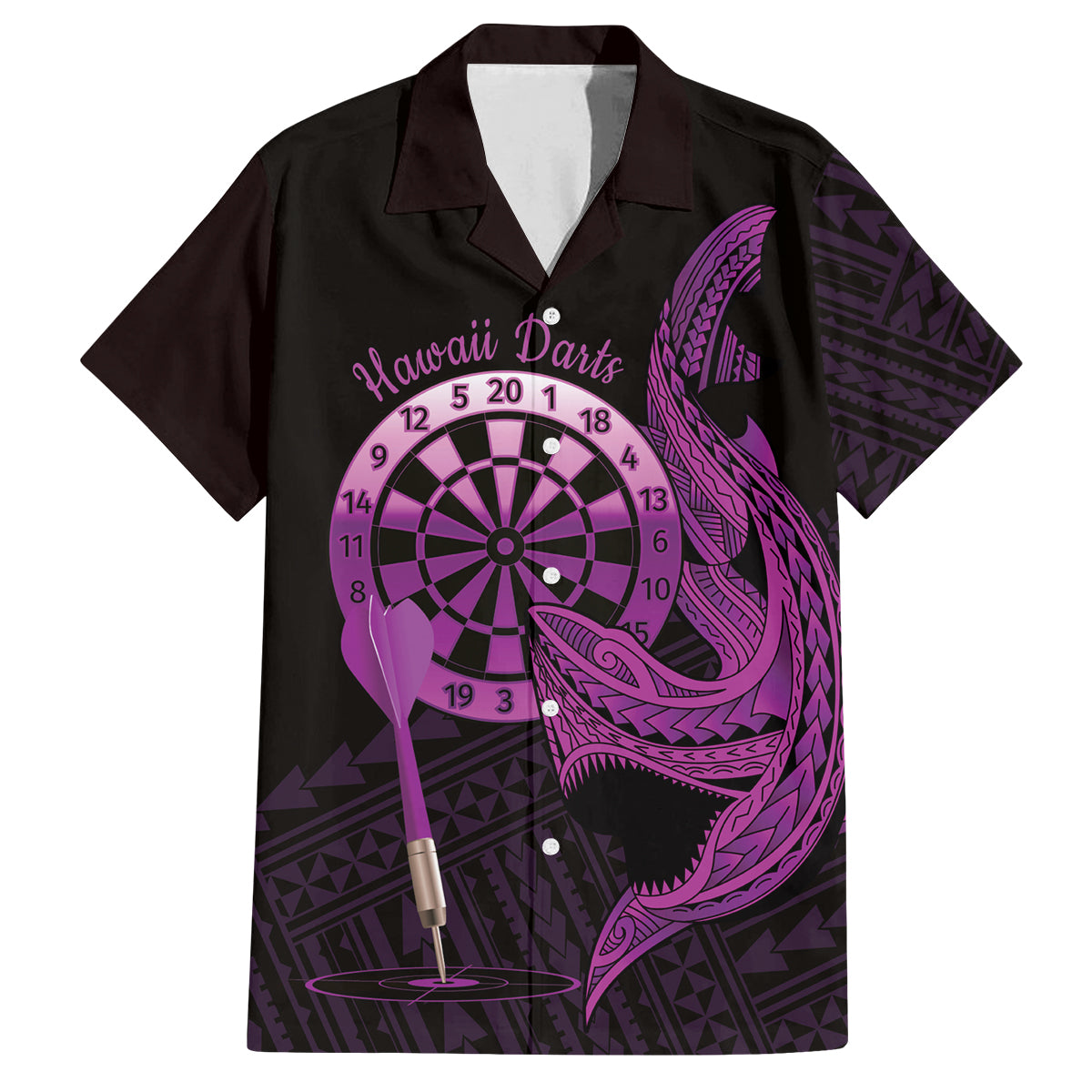 Aloha Hawaii Darts Family Matching Puletasi and Hawaiian Shirt Dart Board With Polynesian Shark - Purple LT14 Dad's Shirt - Short Sleeve Purple - Polynesian Pride