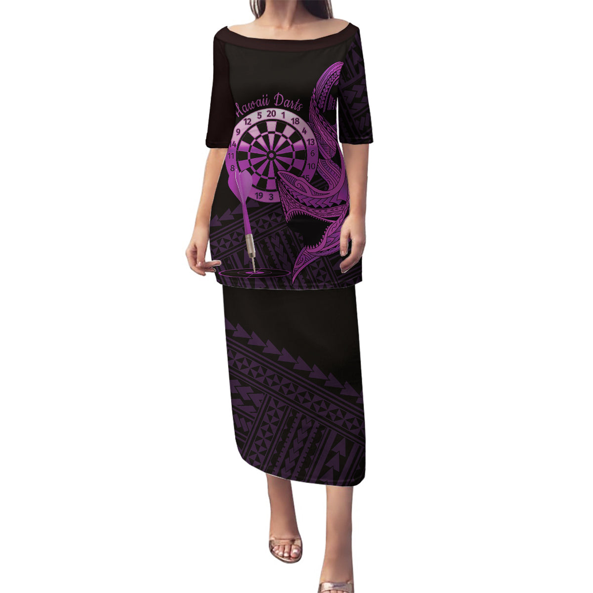 Aloha Hawaii Darts Family Matching Puletasi and Hawaiian Shirt Dart Board With Polynesian Shark - Purple LT14 Mom's Dress Purple - Polynesian Pride