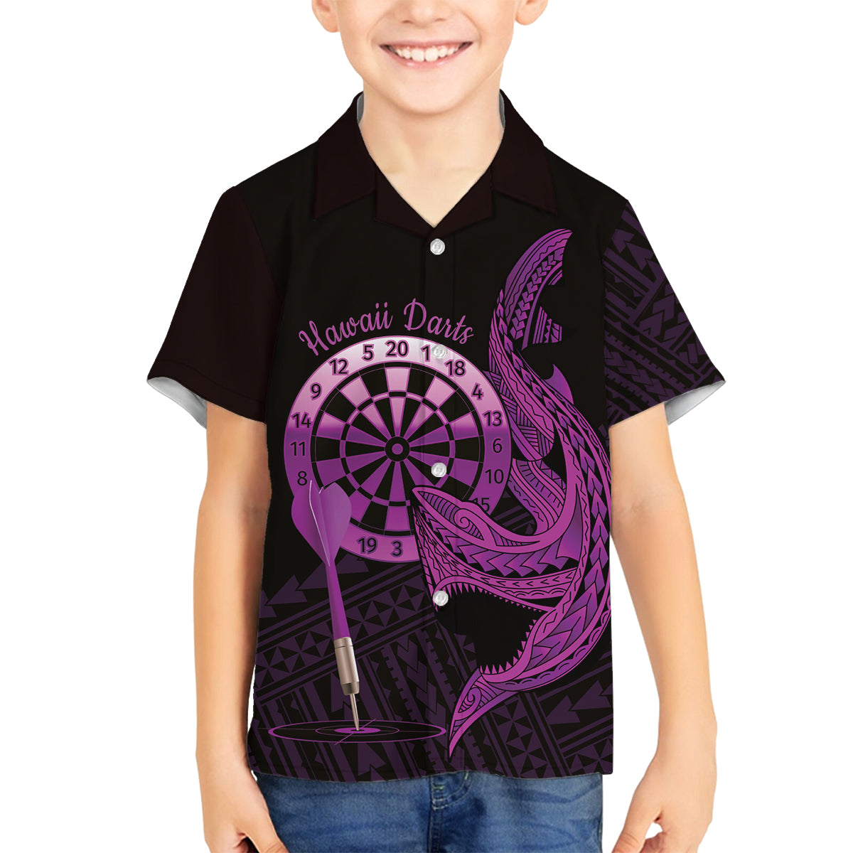Aloha Hawaii Darts Family Matching Puletasi and Hawaiian Shirt Dart Board With Polynesian Shark - Purple LT14 Son's Shirt Purple - Polynesian Pride