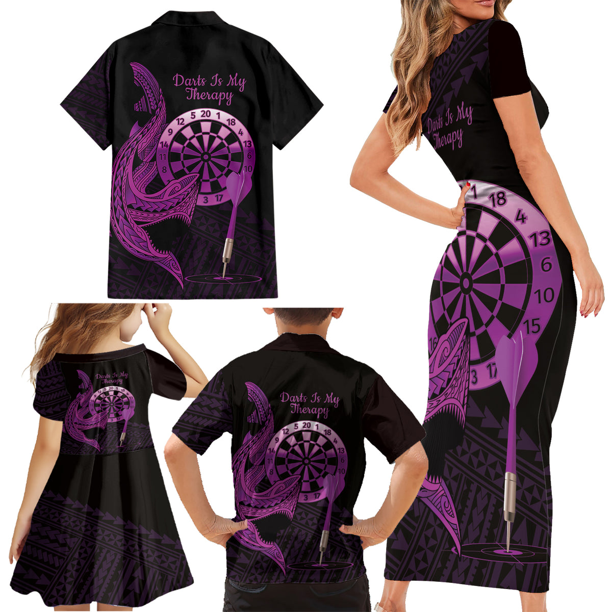 Aloha Hawaii Darts Family Matching Short Sleeve Bodycon Dress and Hawaiian Shirt Dart Board With Polynesian Shark - Purple LT14 - Polynesian Pride