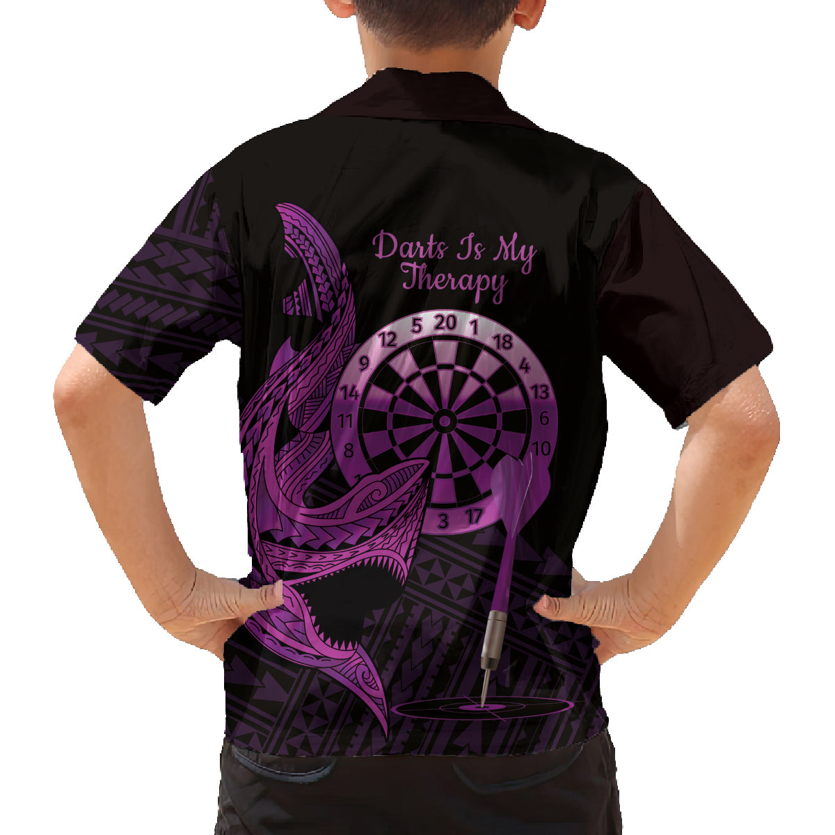 Aloha Hawaii Darts Family Matching Summer Maxi Dress and Hawaiian Shirt Dart Board With Polynesian Shark - Purple LT14 - Polynesian Pride