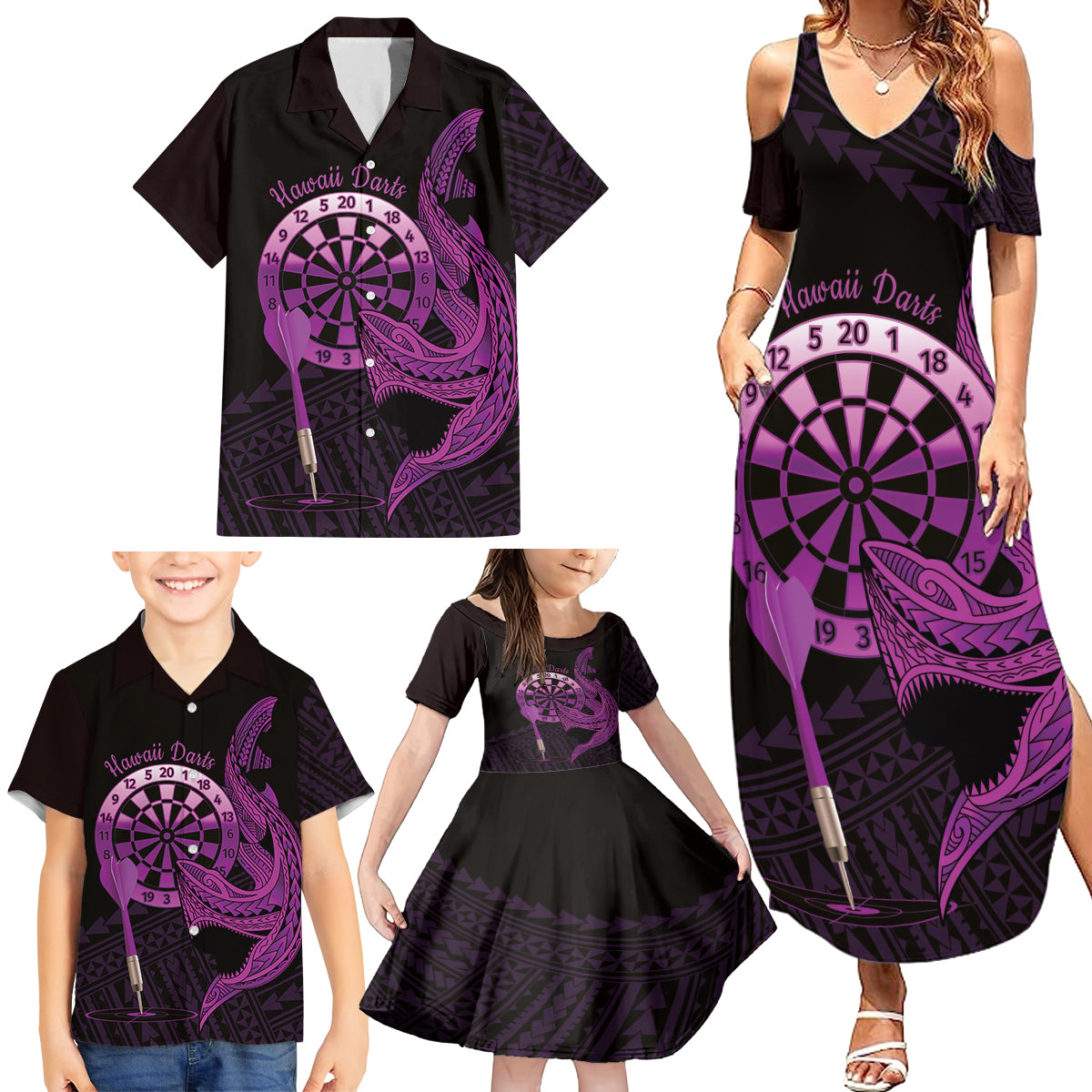 Aloha Hawaii Darts Family Matching Summer Maxi Dress and Hawaiian Shirt Dart Board With Polynesian Shark - Purple LT14 - Polynesian Pride