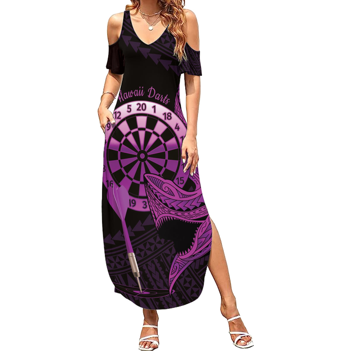 Aloha Hawaii Darts Family Matching Summer Maxi Dress and Hawaiian Shirt Dart Board With Polynesian Shark - Purple LT14 Mom's Dress Purple - Polynesian Pride