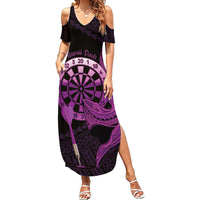 Aloha Hawaii Darts Family Matching Summer Maxi Dress and Hawaiian Shirt Dart Board With Polynesian Shark - Purple LT14 Mom's Dress Purple - Polynesian Pride