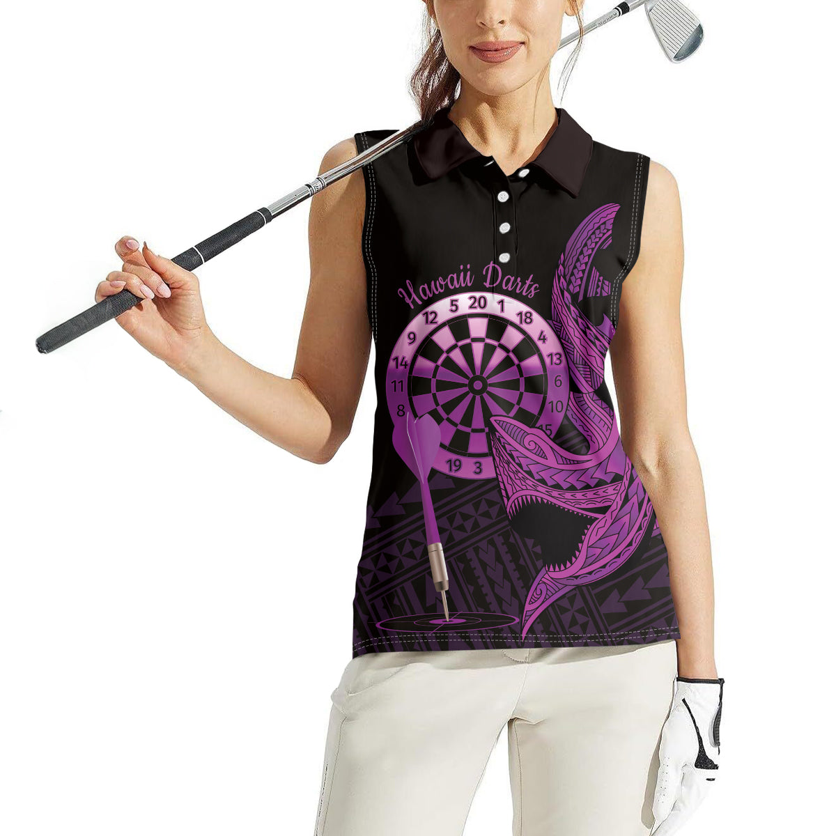 Aloha Hawaii Darts Women Sleeveless Polo Shirt Dart Board With Polynesian Shark - Purple LT14 - Polynesian Pride