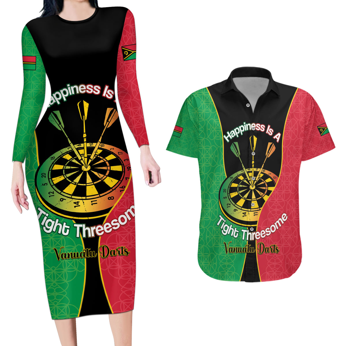 Personalised Vanuatu Darts Couples Matching Long Sleeve Bodycon Dress and Hawaiian Shirt Happiness Is A Tight Threesome Sand Drawing Art LT14 Red - Polynesian Pride